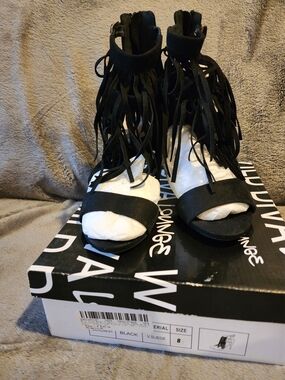 Like New Wild Diva Black Suede Fringe Open-Toe Heels
